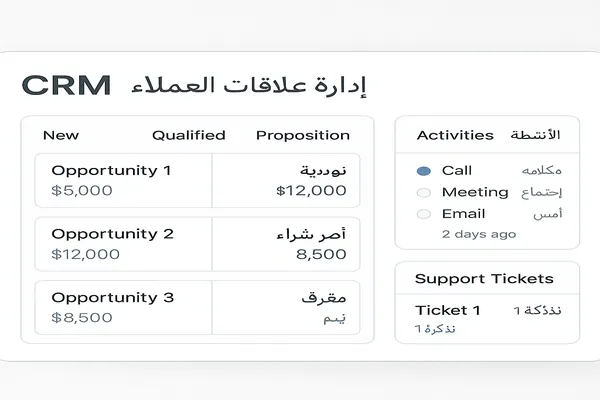 لوحة متابعة عملاء تعرض فرص مبيعات ومهام وتذاكر دعم