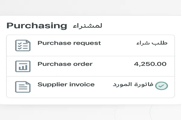 شاشة إدارة مشتريات تعرض أوامر شراء وفواتير الموردين