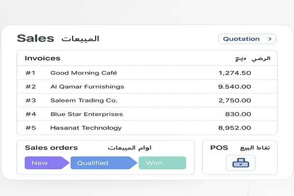 واجهة مبيعات مع فواتير وأوامر بيع وملخص أداء
